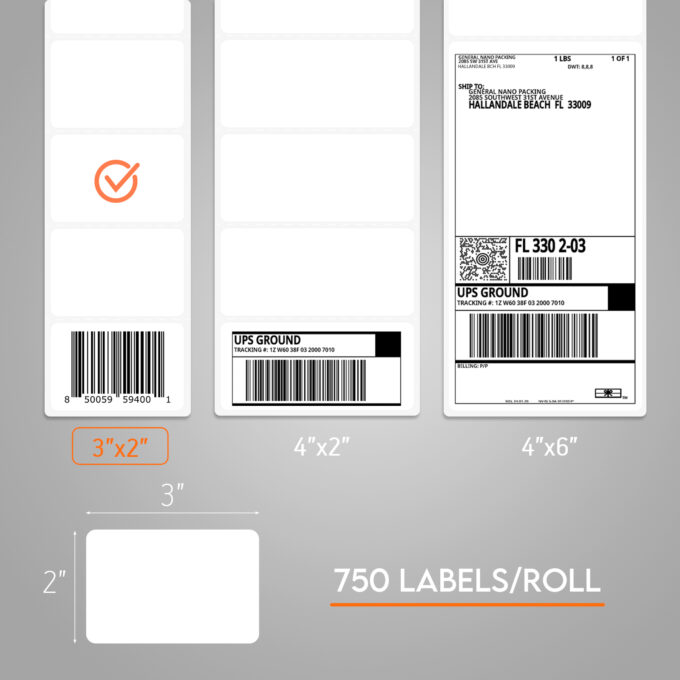 3x2" TOP Direct Thermal White Adhesive Perforated Postage Shipping Labels, Core 1" (750 pcs/roll) BOX: 24 roll