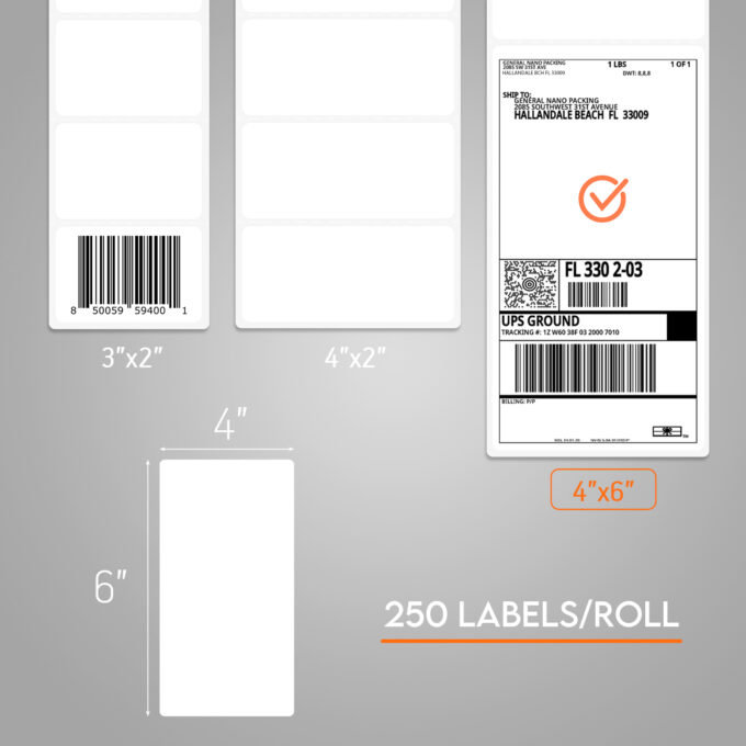 4x6" TOP Direct Thermal White Adhesive Perforated Postage Shipping Labels, Core 1" (250 pcs/roll)